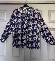 Blue Floral Chiffon Blouse Plus Size 22/24 26/28 30/32 Pussy Bow Top New 736