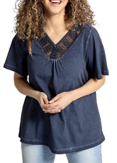 Navy Blue V Neck Lace Top Plus Size 18/20 24 26 34/36 38 Jersey Denim Blouse 594