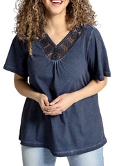 Navy Blue V Neck Lace Top Plus Size 18/20 24 26 34/36 38 Jersey Denim Blouse 594