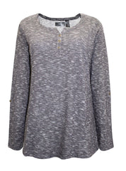 BLACK Flecked Jersey Henley Top Plus Size 10-28 Roll tab sleeve Marl Blouse 724
