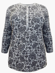 LADIES PLUS SIZE 16 18 20 22 COTTON JERSEY GREY FLORAL HENLEY TOP 381