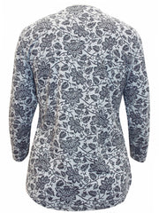 LADIES PLUS SIZE 16 18 20 22 COTTON JERSEY GREY FLORAL HENLEY TOP 381