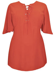 Womens Short Sleeve Blouse Orange Top Size 18/20 22/24 26/28 30/32 Lace up 473