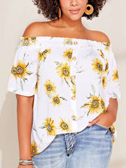 Womens Sunflower Blouse Plus Size 18/20 22/24 26/28 28/30 Bardot Crinkle Top 747