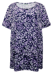 Jersey floral Top Plus Size 20 22 24 26 28 Braided Plait neck Purple T-shirt 779