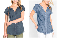 Women’s Grey Oil Washed Cotton Blouse Size 14-30 Blue Vintage Buttoned Shirt