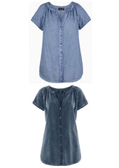 Women’s Grey Oil Washed Cotton Blouse Size 14-30 Blue Vintage Buttoned Shirt