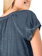 Women’s Grey Oil Washed Cotton Blouse Size 14-30 Blue Vintage Buttoned Shirt