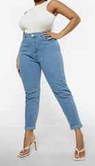 Boohoo Mom Jeans Plus Size 16 18 20 22 24 High rise Blue Denim Turn ups 461