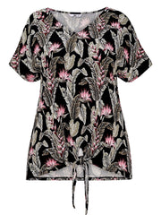 Black Jersey floral Top Plus Size 28, 30, 32, 34 V neck Smart print blouse 520