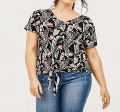 Black Jersey floral Top Plus Size 28, 30, 32, 34 V neck Smart print blouse 520