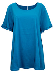 Pure Cotton Teal Top Plus Size 18/20 22/24 Ruffle trim stretch T-shirt 644