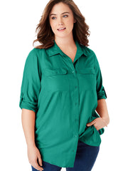Woman Within roll tab tunic blouse plus size 18-38 Longline Green Shirt 494