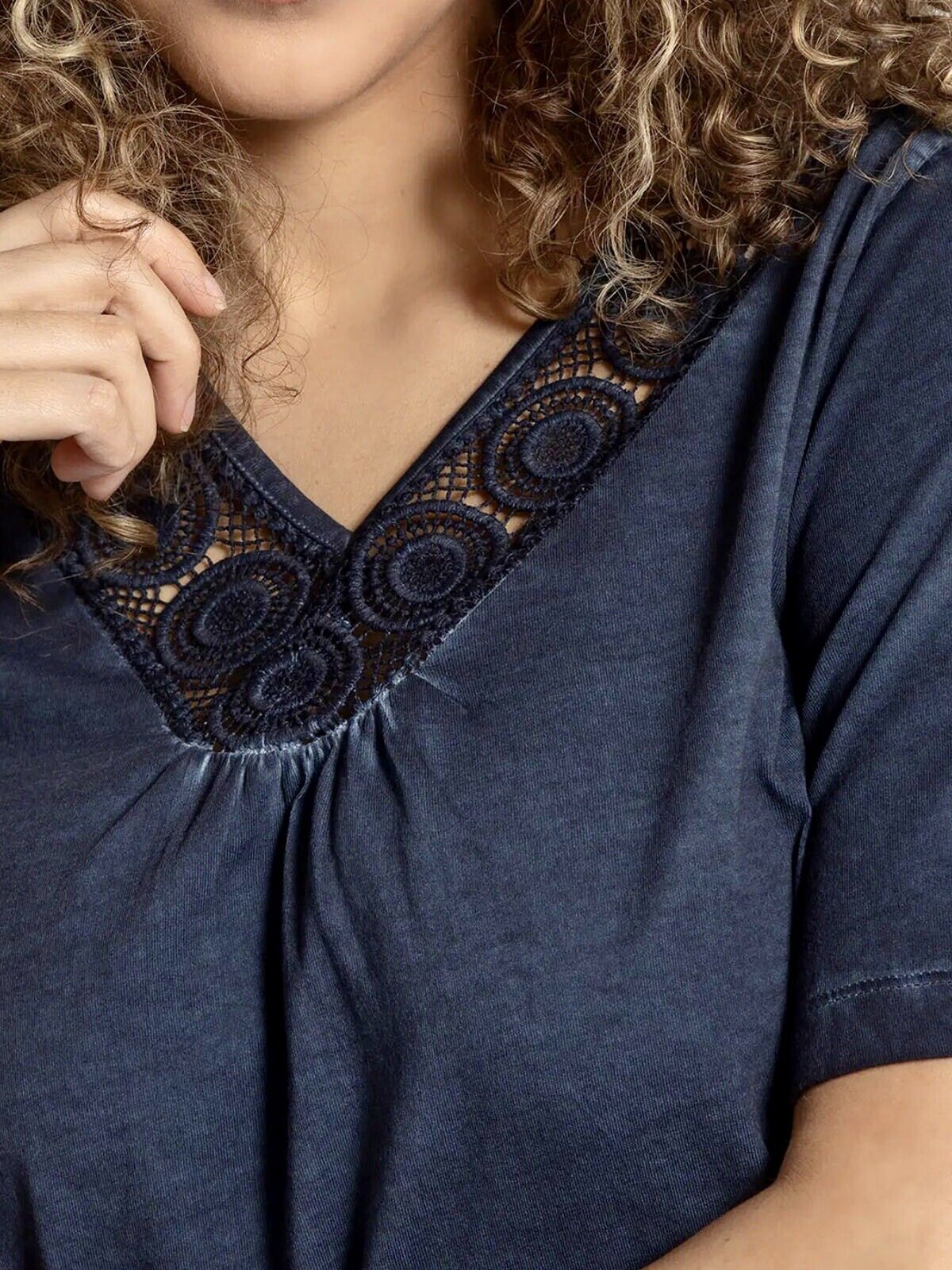 Navy Blue V Neck Lace Top Plus Size 18/20 24 26 34/36 38 Jersey Denim Blouse 594