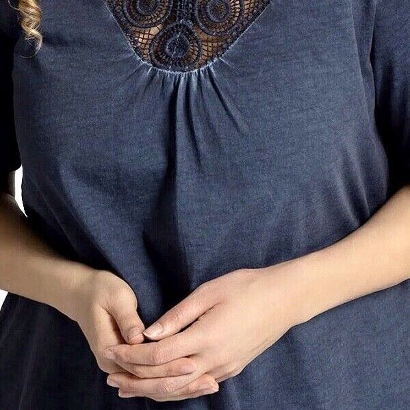 Navy Blue V Neck Lace Top Plus Size 18/20 24 26 34/36 38 Jersey Denim Blouse 594