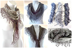Ladies Summer Lace Scarf lightweight Blue, Grey, Silver, Embroidered Wedding