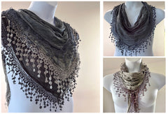 Ladies Summer Lace Scarf lightweight Blue, Grey, Silver, Embroidered Wedding