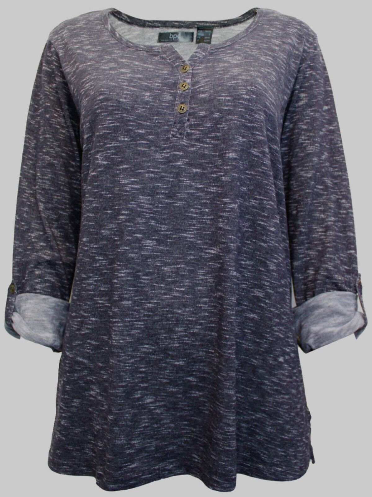 BLACK Flecked Jersey Henley Top Plus Size 10-28 Roll tab sleeve Marl Blouse 724