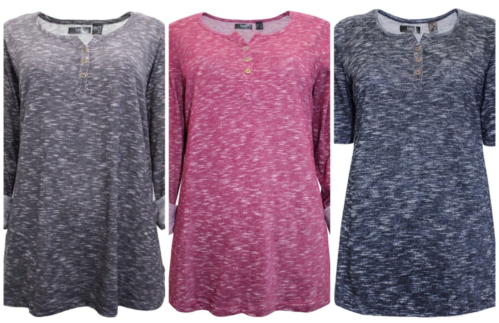 Navy Marl Henley Top Plus Size 18/20 22/24 26/28 30/32 Short sleeve Blue 726