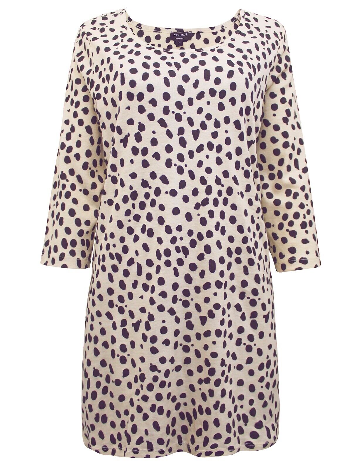 Dalmatian Print Cream Dot Tunic Plus Size 18-32 Jersey Pure Cotton Long Top 558