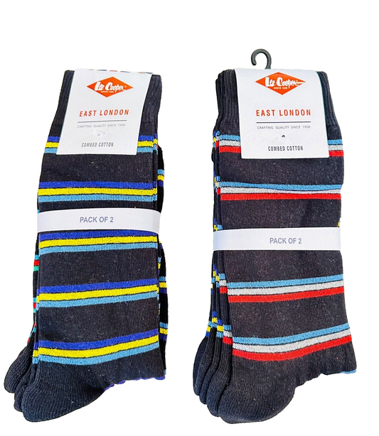 Black Socks X2 Pairs Stripe Size 6-14 Cotton Long length Unisex Buy 2 get 1 FREE