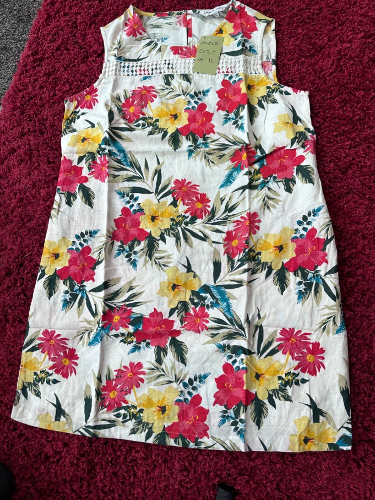 Tropical Linen Shift Dress 12/14 Crochet sleeveless dress plus size 28/30  699