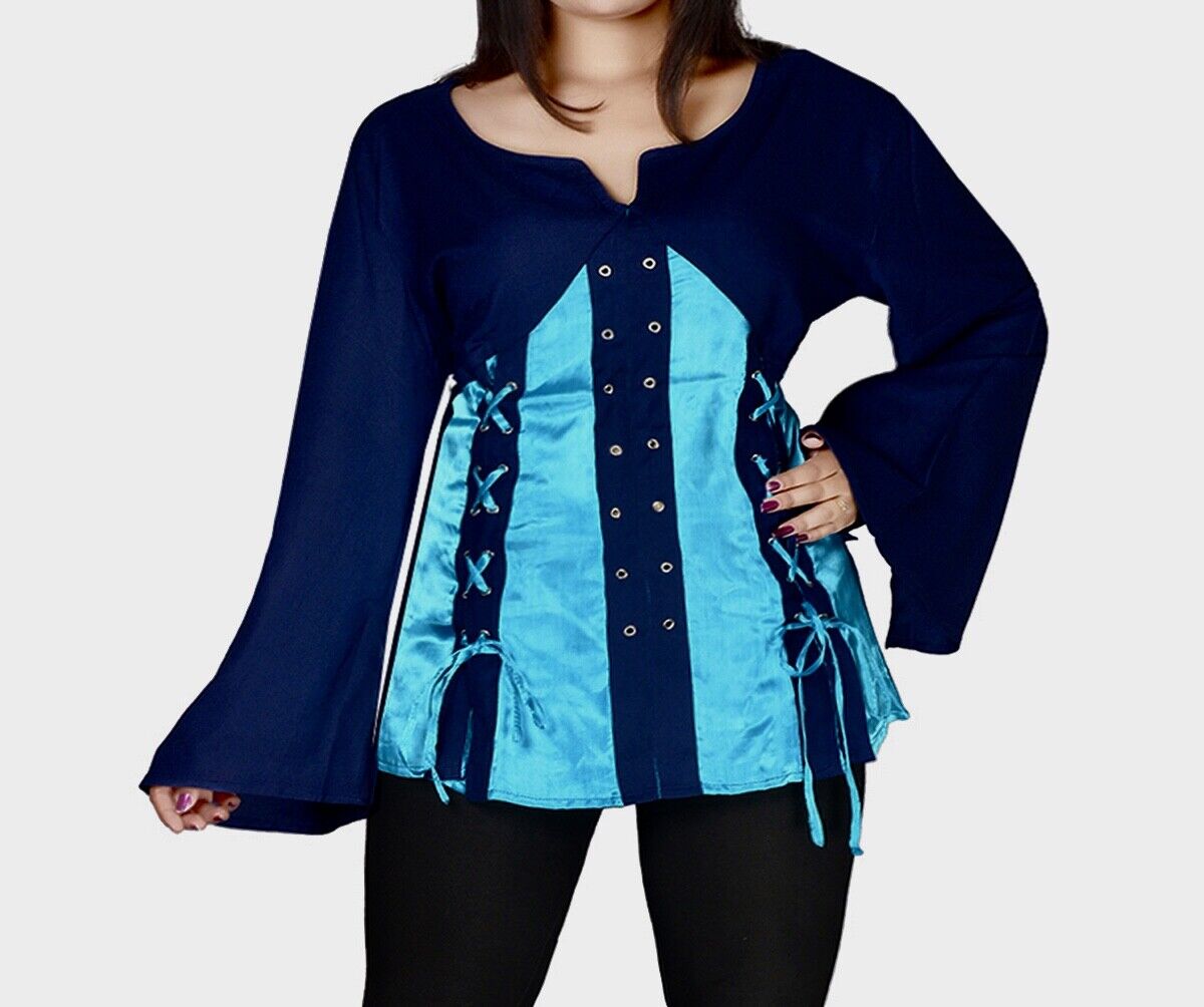 Women's Turquoise Blue Tunic Top  Plus Size 26 28 30 Lace up Blouse Shirt 495