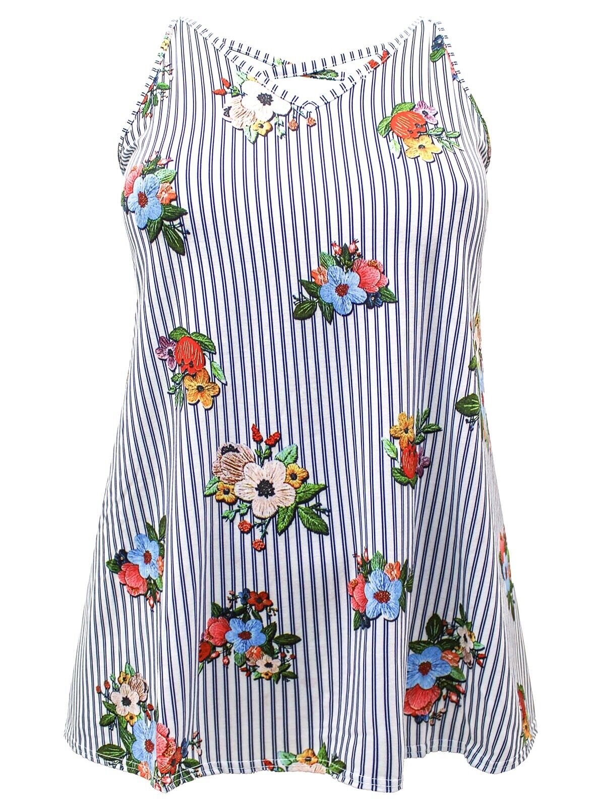 White Floral Sleeveless Swing Top Size 16 18 20 22/24 26/28 30/32 A-line Tee 589