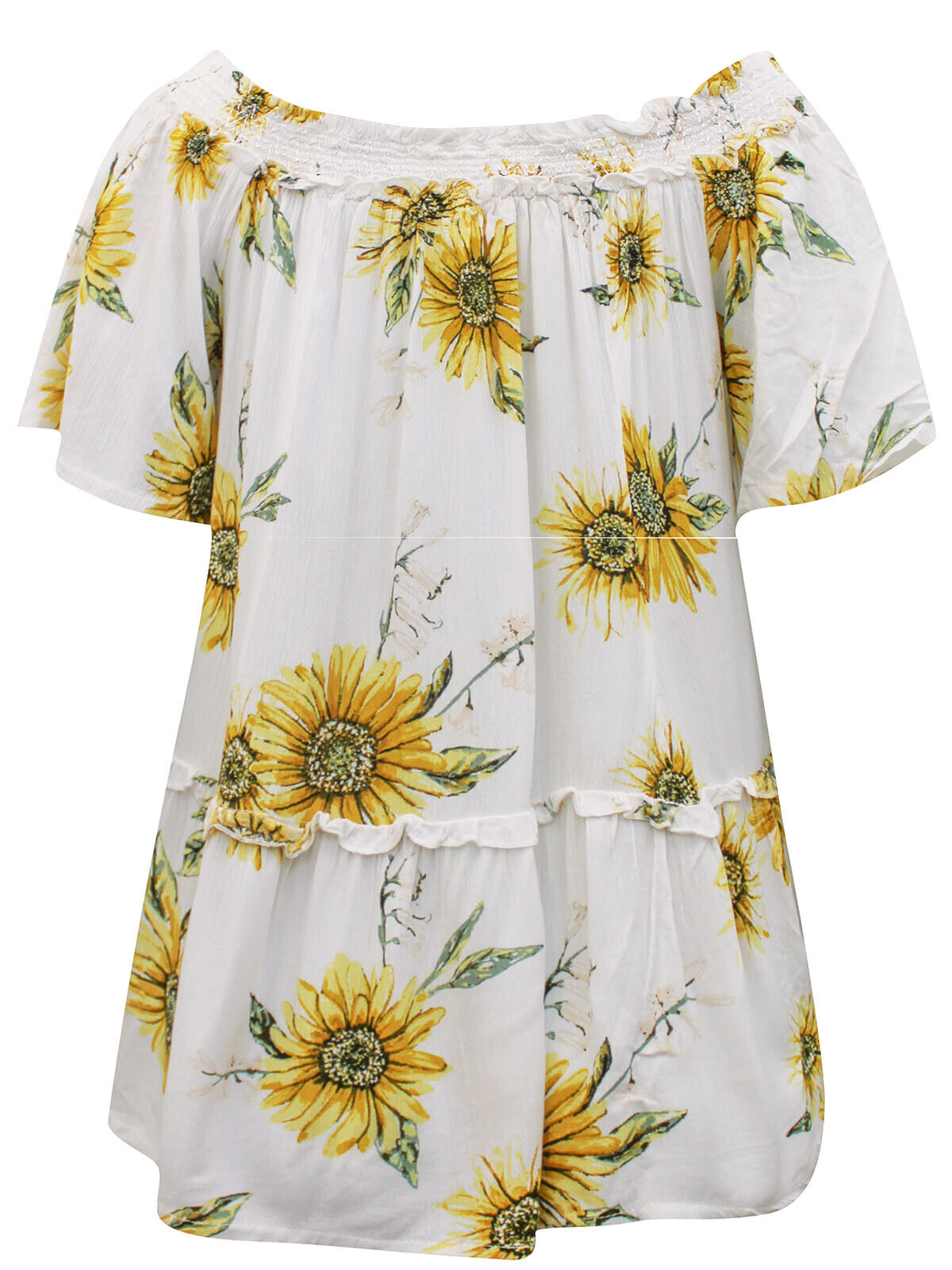 Womens Sunflower Blouse Plus Size 18/20 22/24 26/28 28/30 Bardot Crinkle Top 747