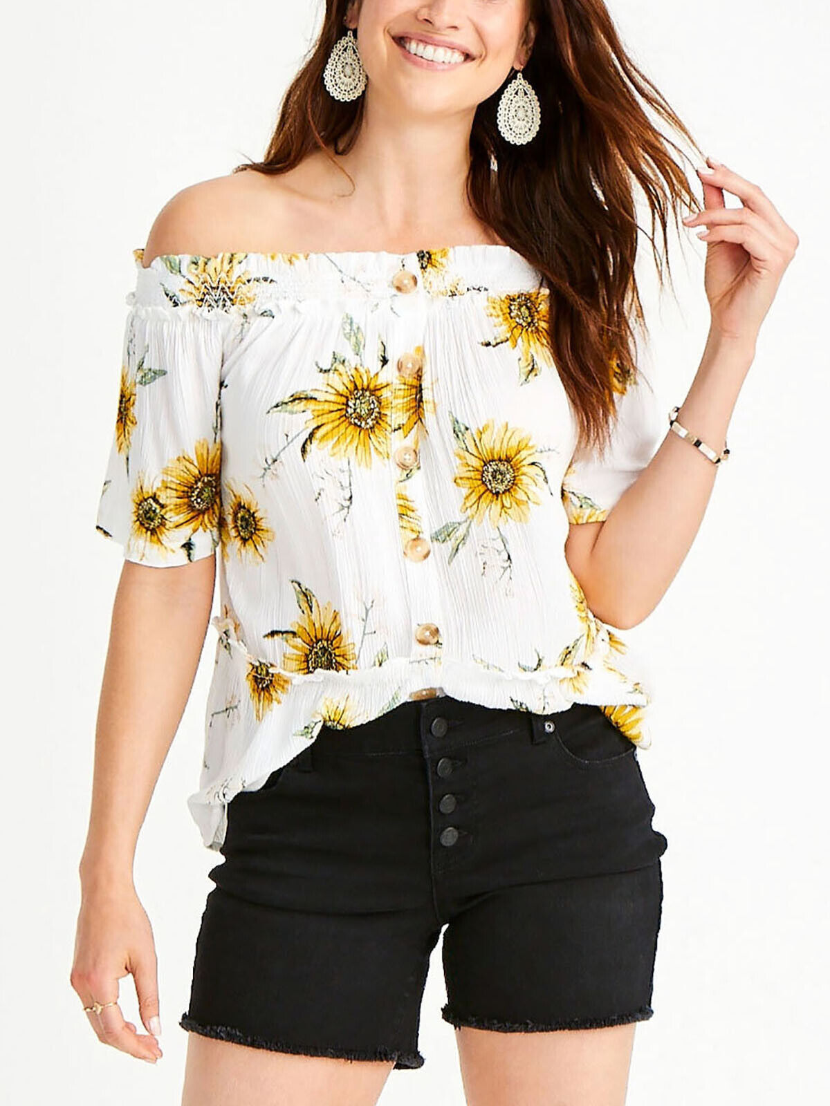 Womens Sunflower Blouse Plus Size 18/20 22/24 26/28 28/30 Bardot Crinkle Top 747