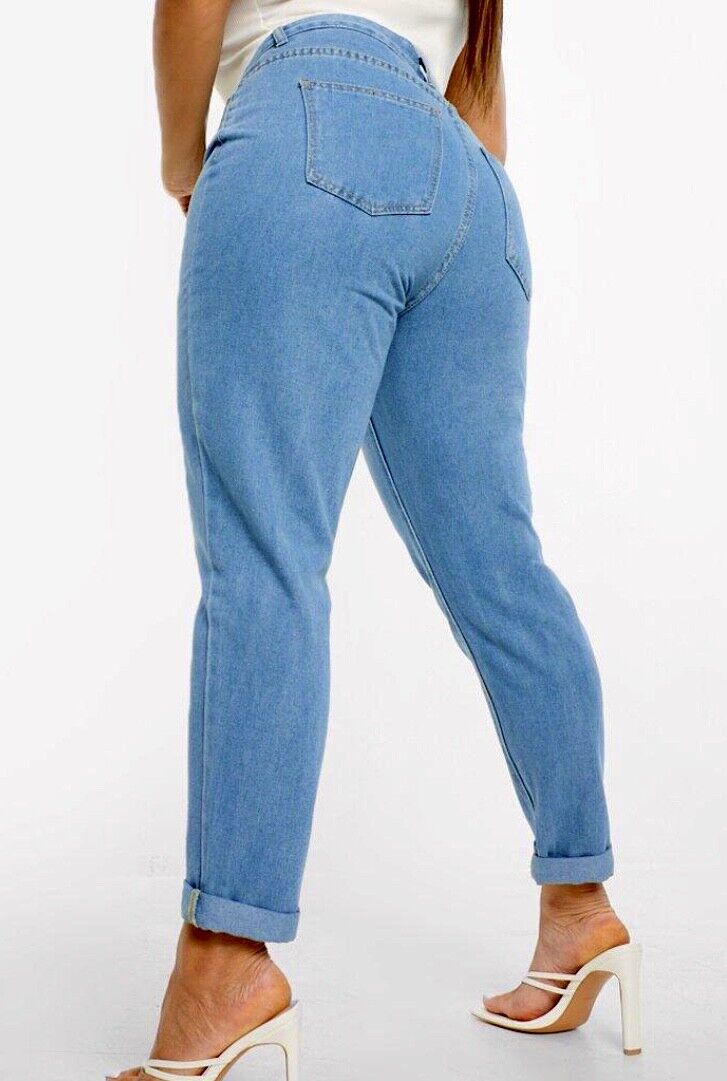 Boohoo Mom Jeans Plus Size 16 18 20 22 24 High rise Blue Denim Turn ups  461