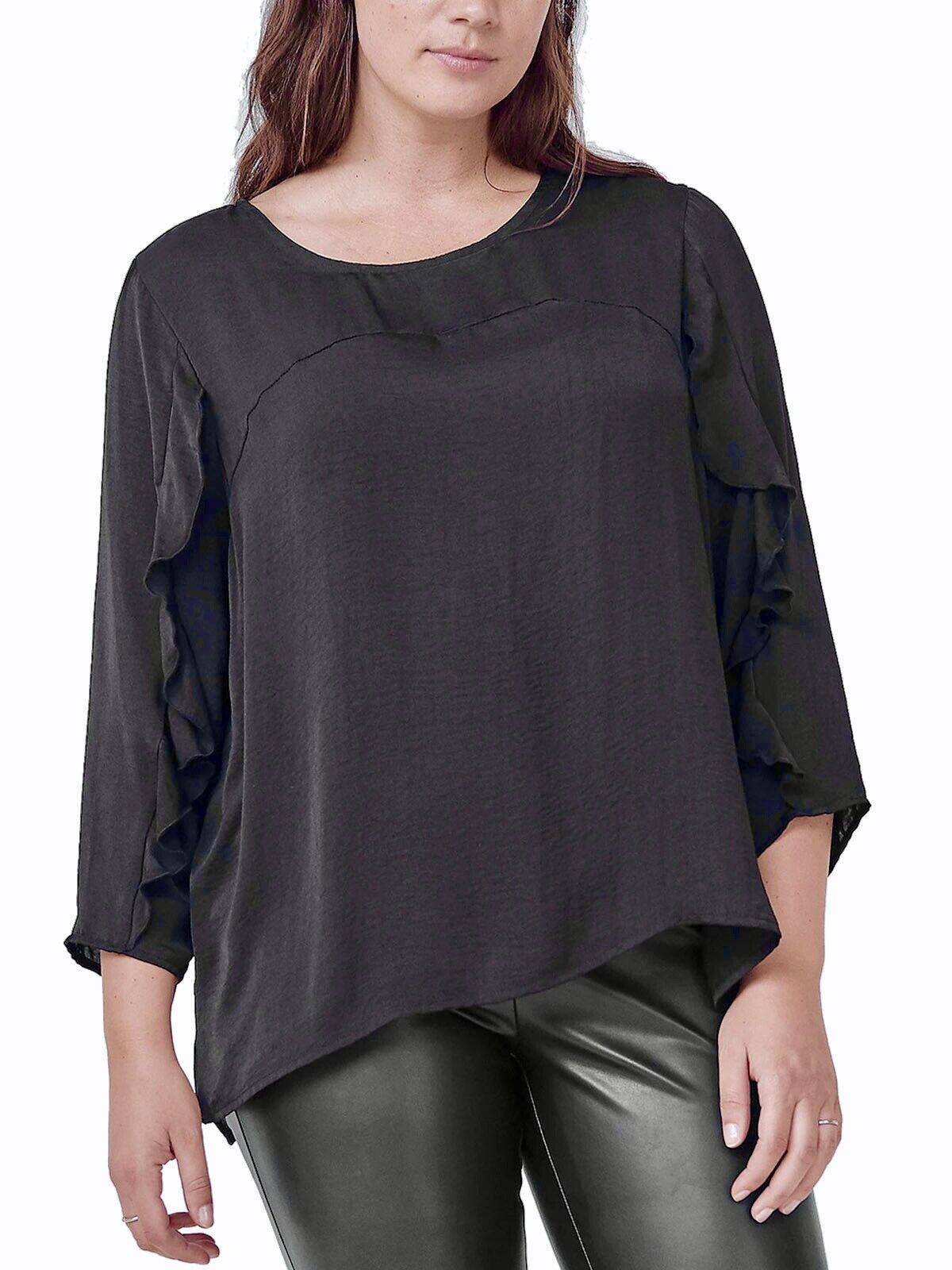 Black Satin Blouse Plus Size 18 20 22 24 26 28 30 Frill Sleeve Silky Top 790