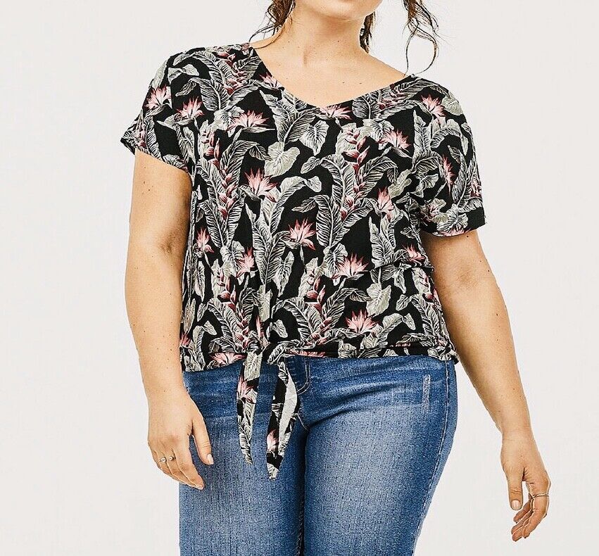 Black Jersey floral Top Plus Size 28, 30, 32, 34 V neck Smart print blouse  520