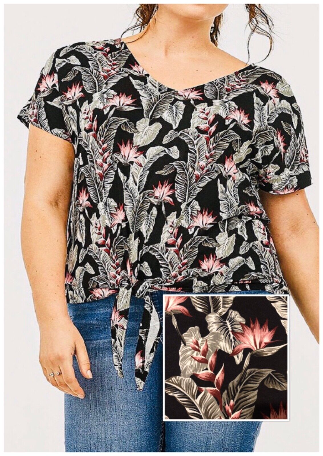 Black Jersey floral Top Plus Size 28, 30, 32, 34 V neck Smart print blouse  520