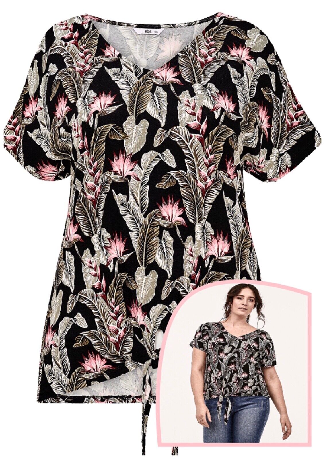 Black Jersey floral Top Plus Size 28, 30, 32, 34 V neck Smart print blouse  520