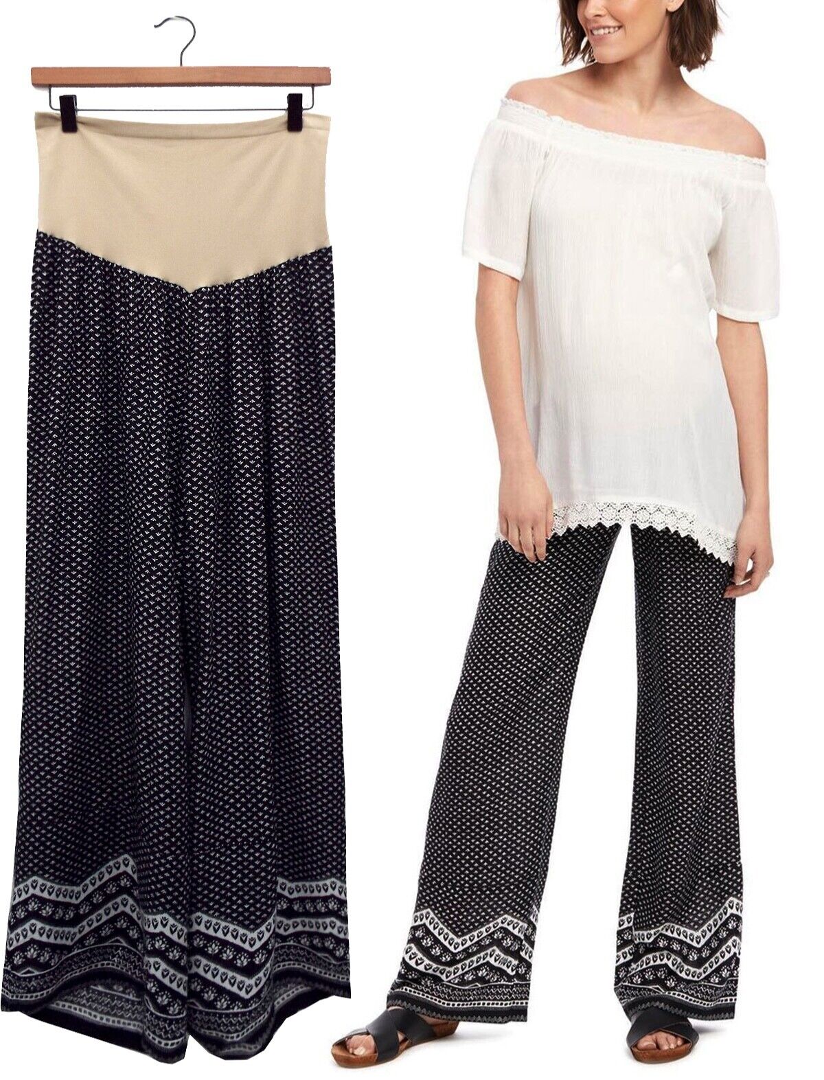 Black Maternity Trousers Plus Size 18/20 22/24 Pull On Patterned Pants New 709