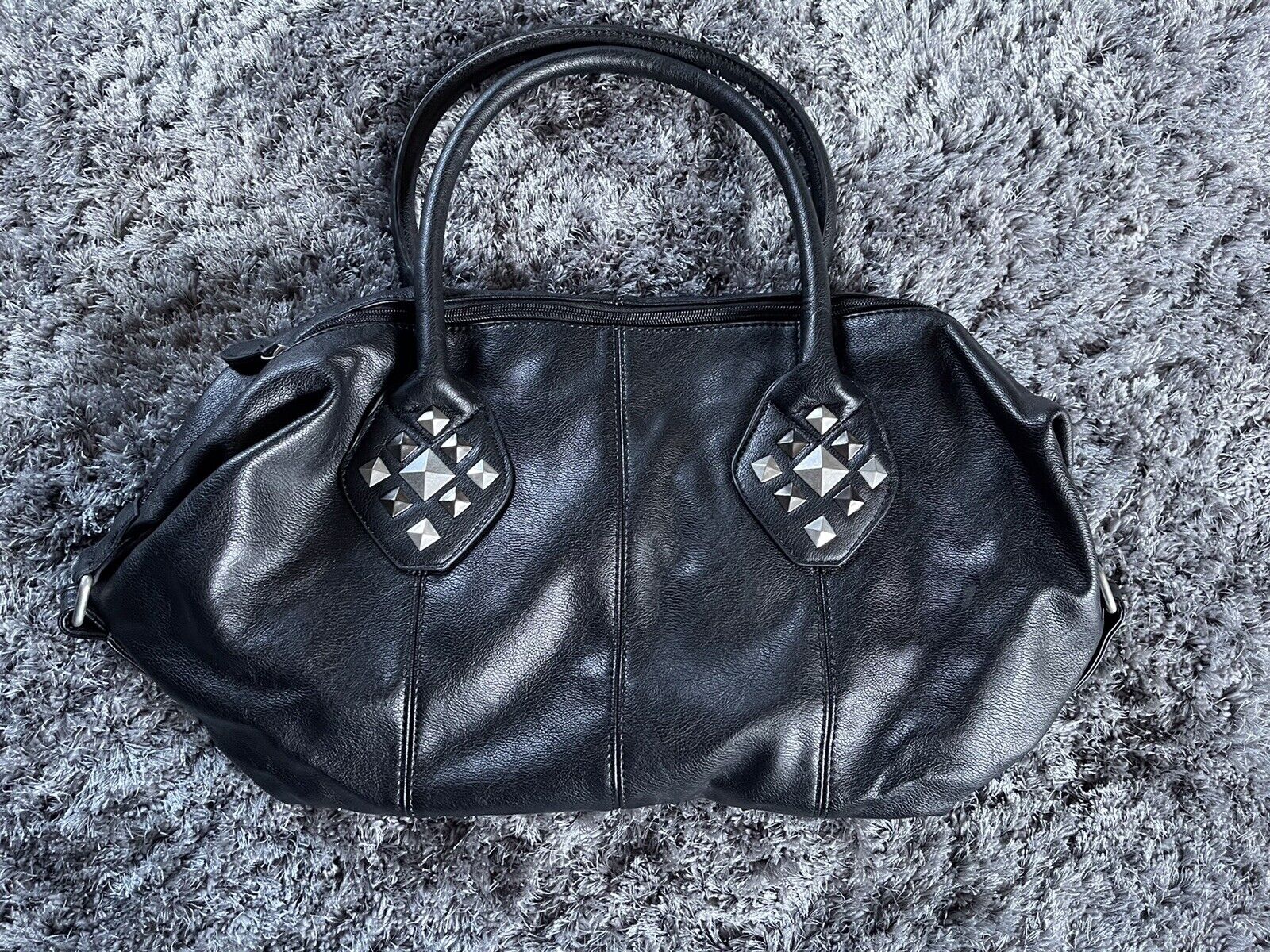 Womens Metal Stud Faux Black Leather Bag Ladies Large Handbag New Zip Quality