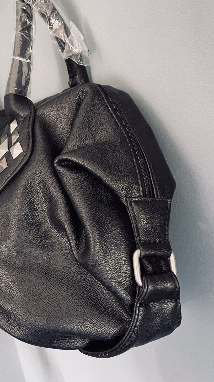 Womens Metal Stud Faux Black Leather Bag Ladies Large Handbag New Zip Quality