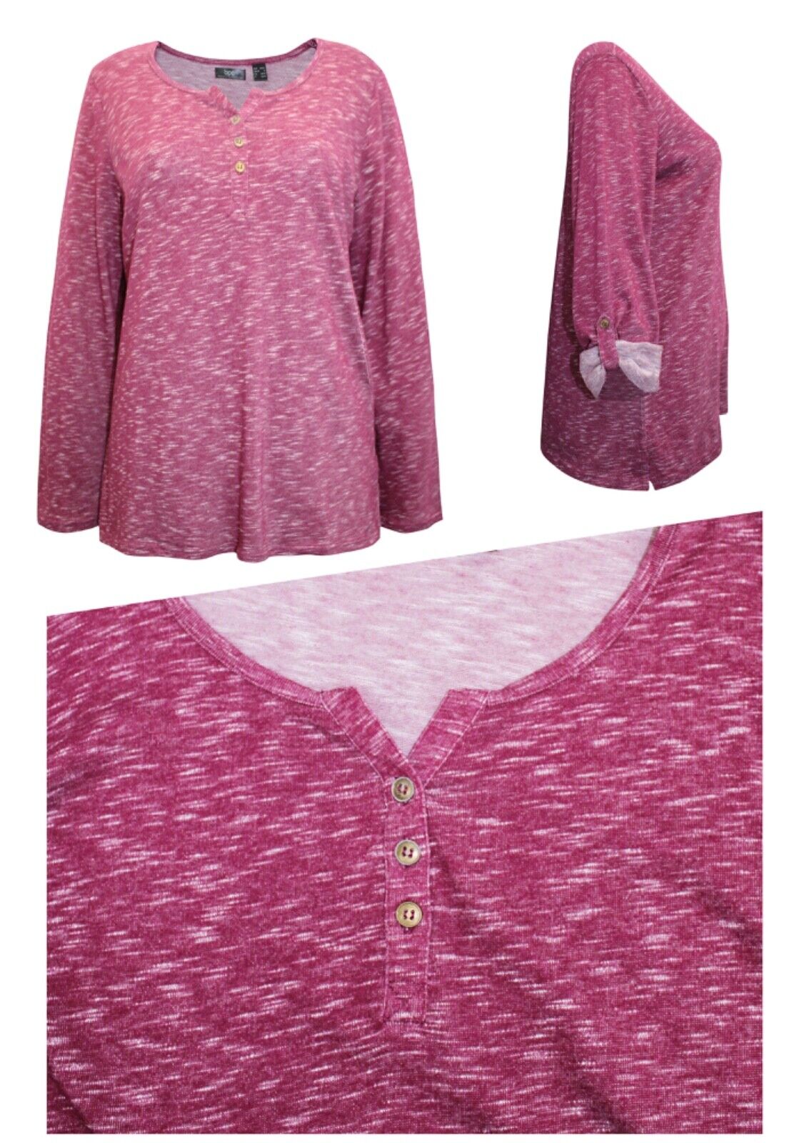 Pink Speckled Jersey Henley Top Plus Size 22/24 26/28 30/32 Roll tab sleeve 725